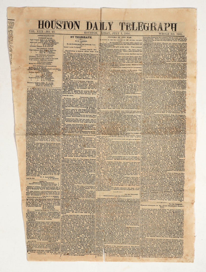 Texas Newspaper Front Page, 1864, Civil War material [201443]: The front page of the Houston Daily Telegraph, published July 1, 1864. No. 85 of Volume XXX, No. 3905 overall. Includes columns such as 'Picture of the War', describing an anecdote from the Arizona br