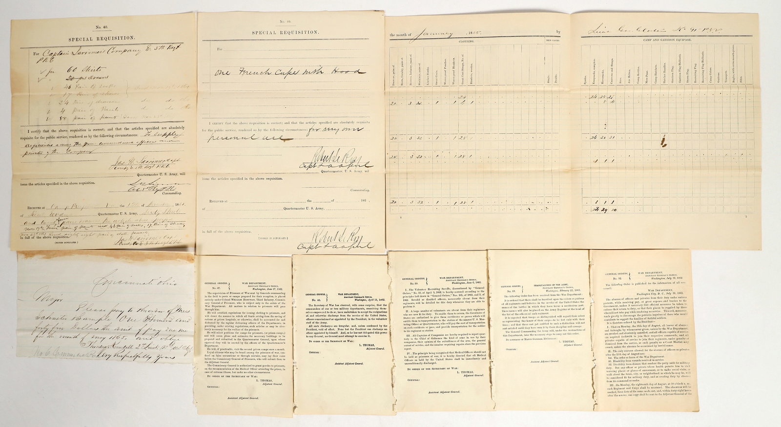 Original Civil War Documents Group [201369]: Lot of 9. Includes: January 1865 Monthly Return of Clothing, Camp & Garrison Equipage, "Camp in the field Va", George G. Coster 91st Regiment Pennsylvania Volunteers, 1st Lt.; 1861 Special Requisition