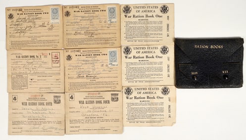 WWII Ration Booklets in Blue Leather Pouch (9) [201127]
