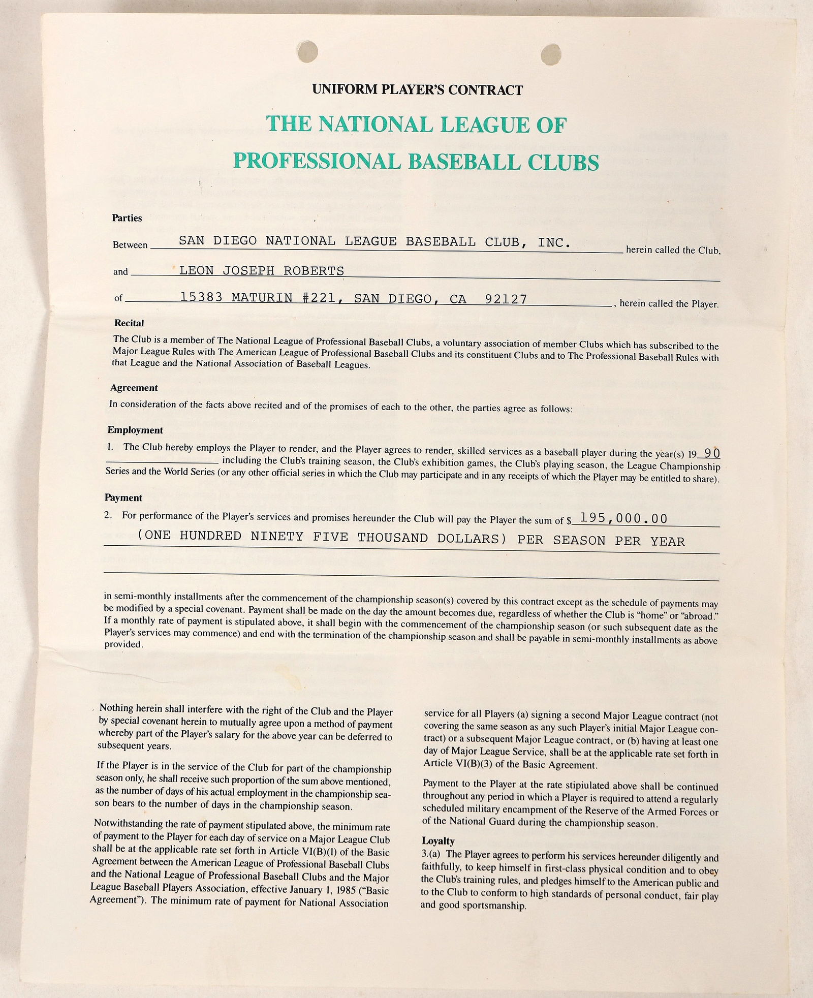 Major League Contract 1990 [187346]: A signed Major League Baseball contract for San Diego Padre Leon (Bip) Roberts. Roberts played for the Reds, Royals, Padres, Indians, Tigers and A's. This contract is for the 1990 season, playing for