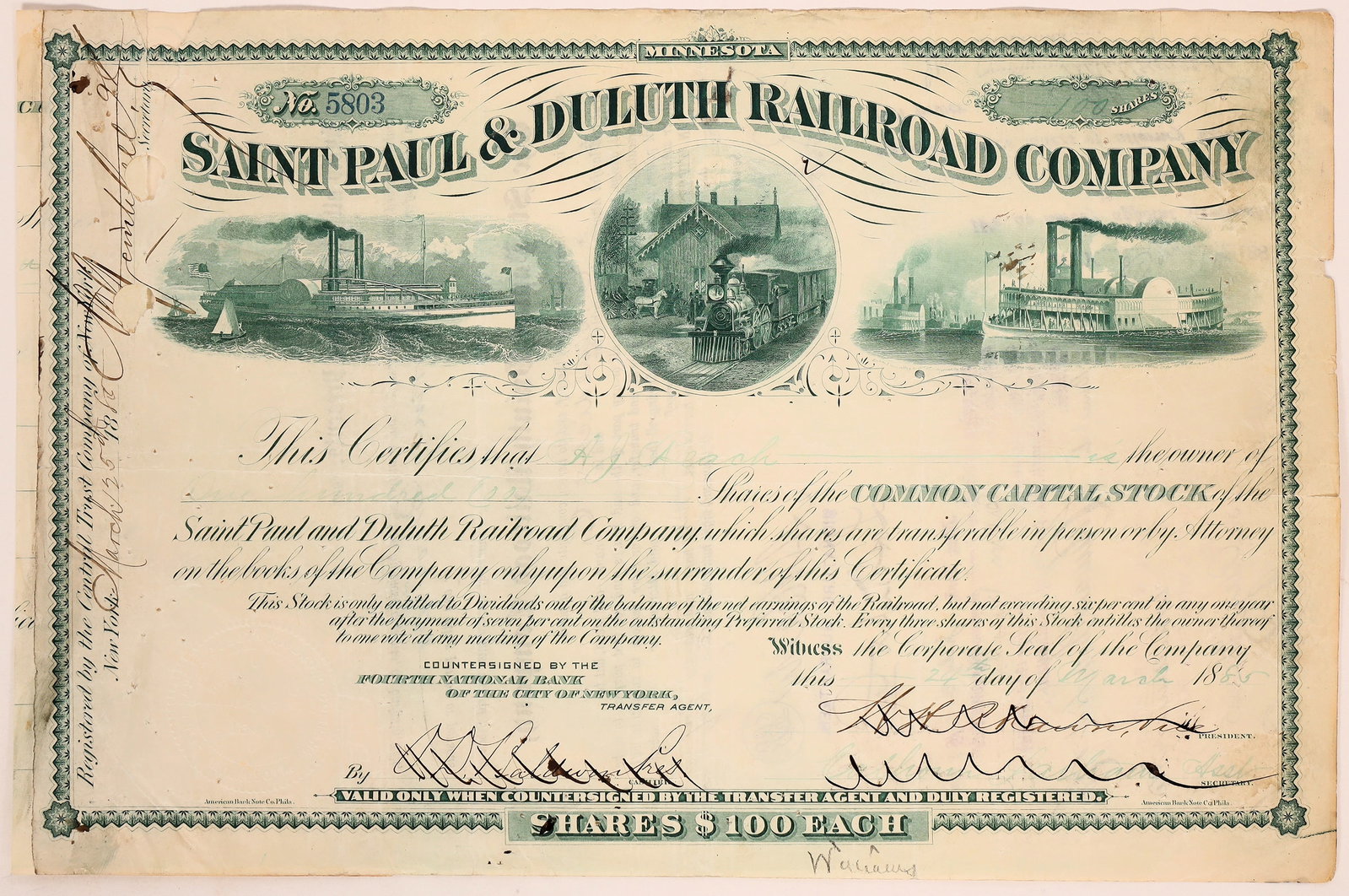 HOF- Pioneer Baseballer A. J. Reach Signed RR Stock [182344]: This stock certificate issued by the Saint Paul & Duluth Railroad Company for 100 shares of common stock at $100 per to Britisher Alfred James Reach. The certificate is dated March 25, 1885, but it's 