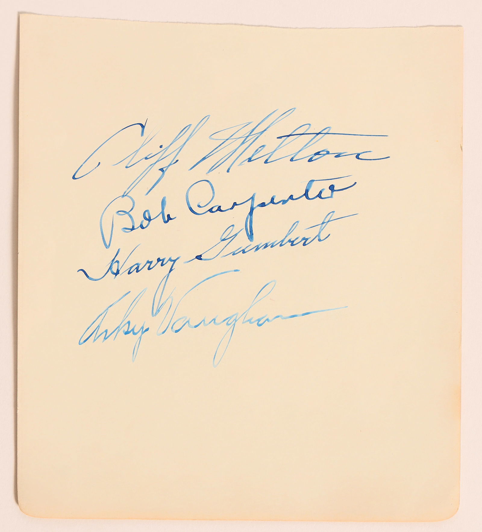 HOF Arky Vaughan & Friends Autograph Cut [182062]: Arky Vaughan, the Hall of Fame shortstop, heads the list of ballplayers from the 1930s & 1940s who signed this autograph cut. Also included are Cliff Melton, pitcher for the New York Giants, Bob Carpe