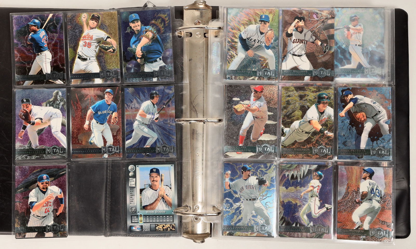 Fleer Metal Series Baseball Cards (80+) [187943]: Small lot of about 80 Fleer Metal series. Players include Deion Sanders, Trevor Hoffman, Moises Alou and more. All are in very nice condition. Please see photos for more details.^Date: Country (if not