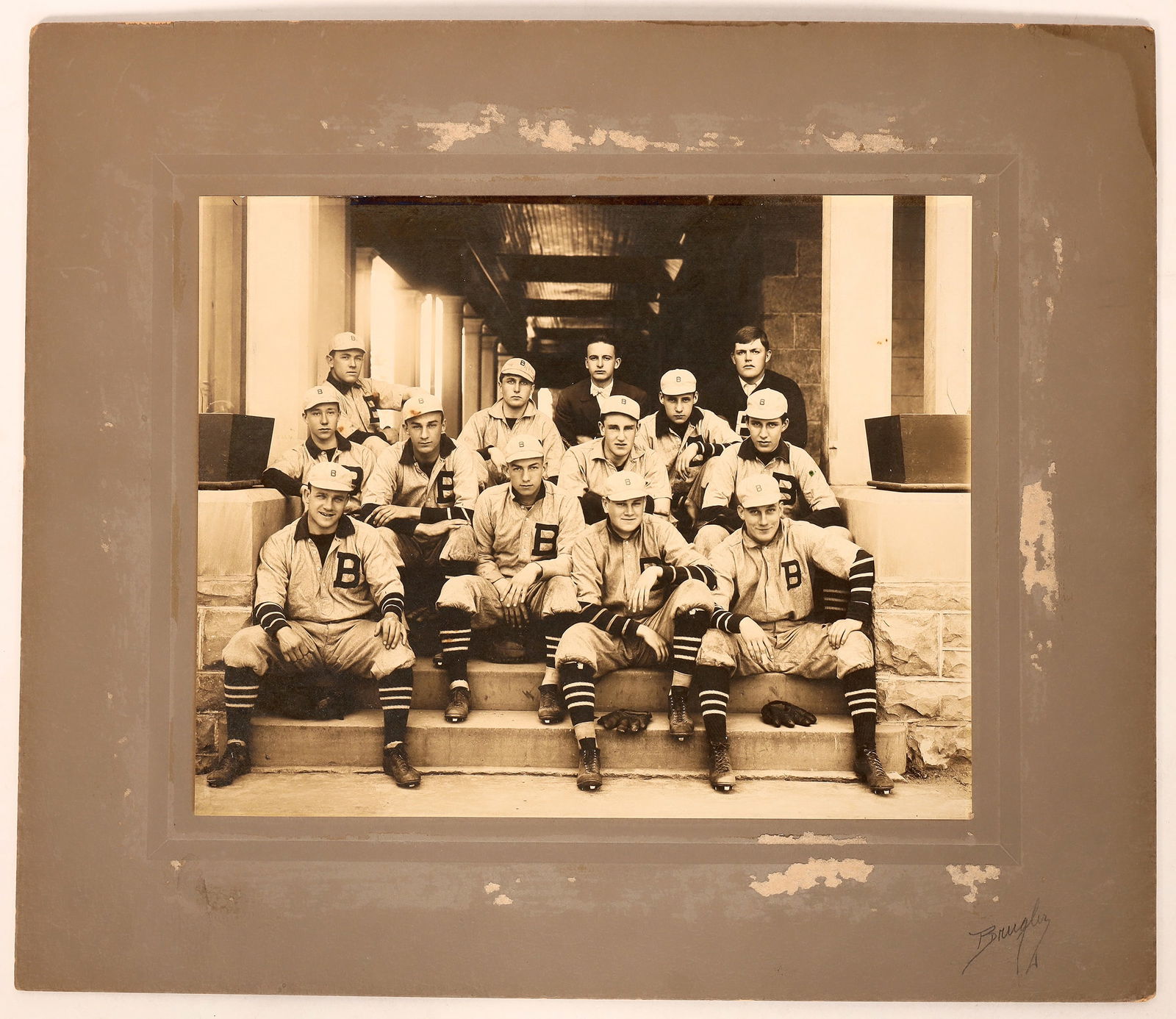 HOF-Unknown Team Photograph [182334]: early 20th century silver print photograph of baseball team, measuring 9.5"x 7.75". Each player has a large "B" on their uniform, but I was unable to identify them. Nice photo though. Please see photo