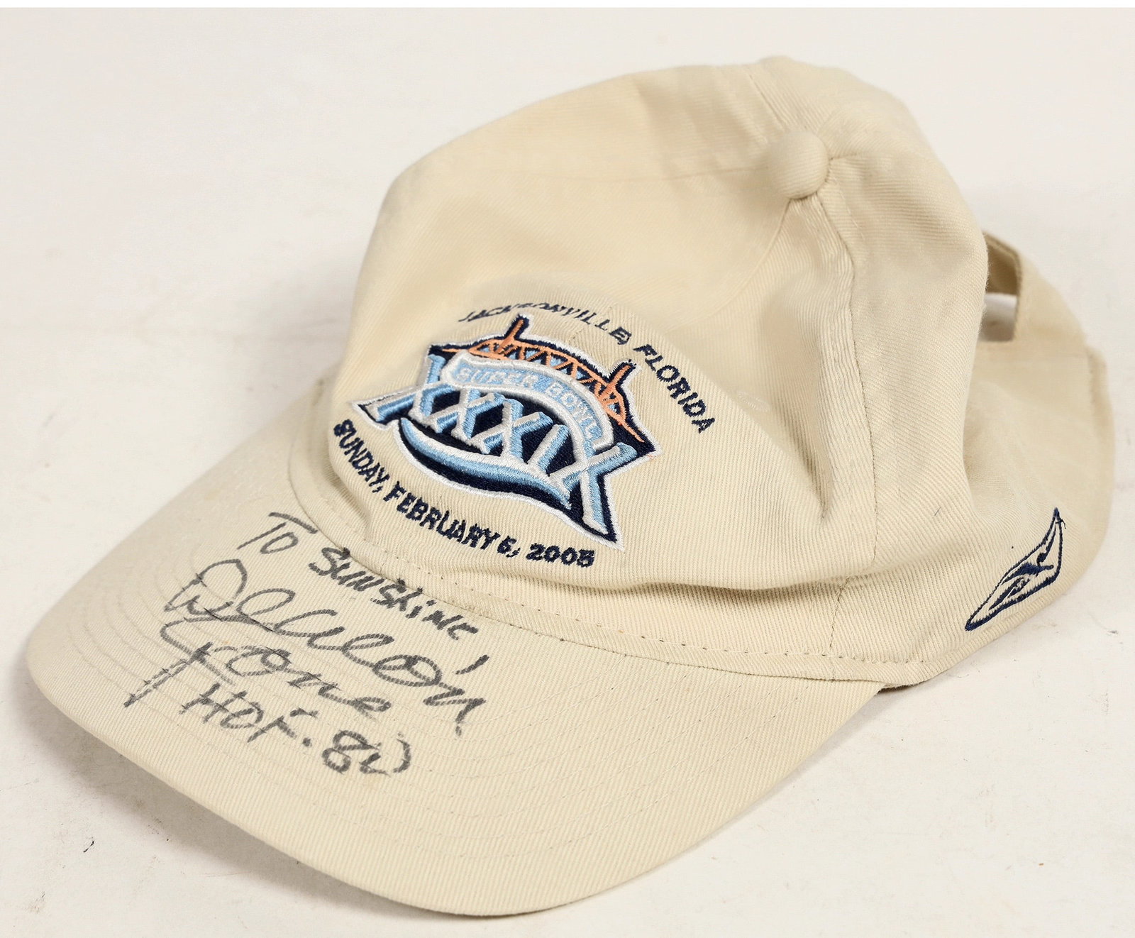 Hall of Fame Football Player Deacon Jones Autographed Hat [197707]: Super Bowl XXXIX hat signed by Jones in black marker to Sunshine. Deacon Jones was a legendary American football defensive end who played primarily for the Los Angeles Rams from 1961 to 1971 and is cr