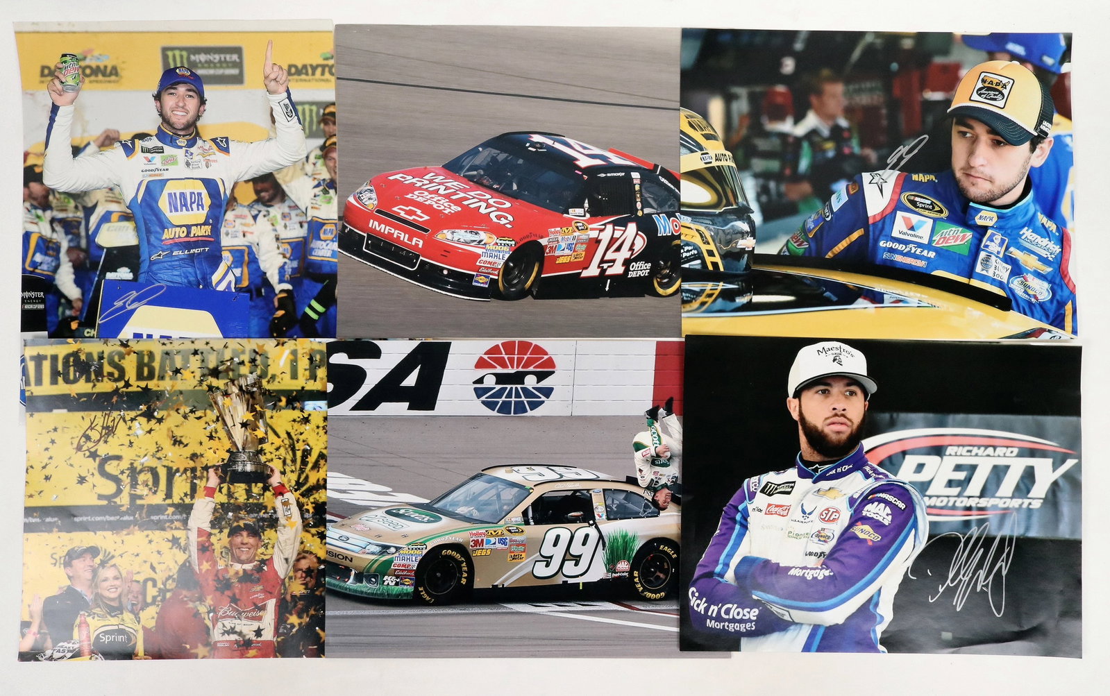 Nascar Driver Signed Photos (6) [188562]: Six 11"x 14" color photos of NASCAR drivers. Signed photos include Chase Elliott, Kevin Harvick, Tony Stewart and Bubba Wallace. Signature are a little hard to read, but sharp. Please see photos for m