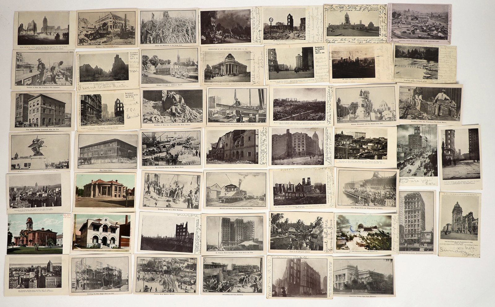 San Francisco Earthquake Postcard Collection [202057]: Lot of around 50 postcards detailing the damage and rebuilding from the 1906 San Francisco Earthquake. Some from the San Francisco Sunday Examiner; Edward H. Mitchell; M. Rieder; and Rieder-Cardinell 