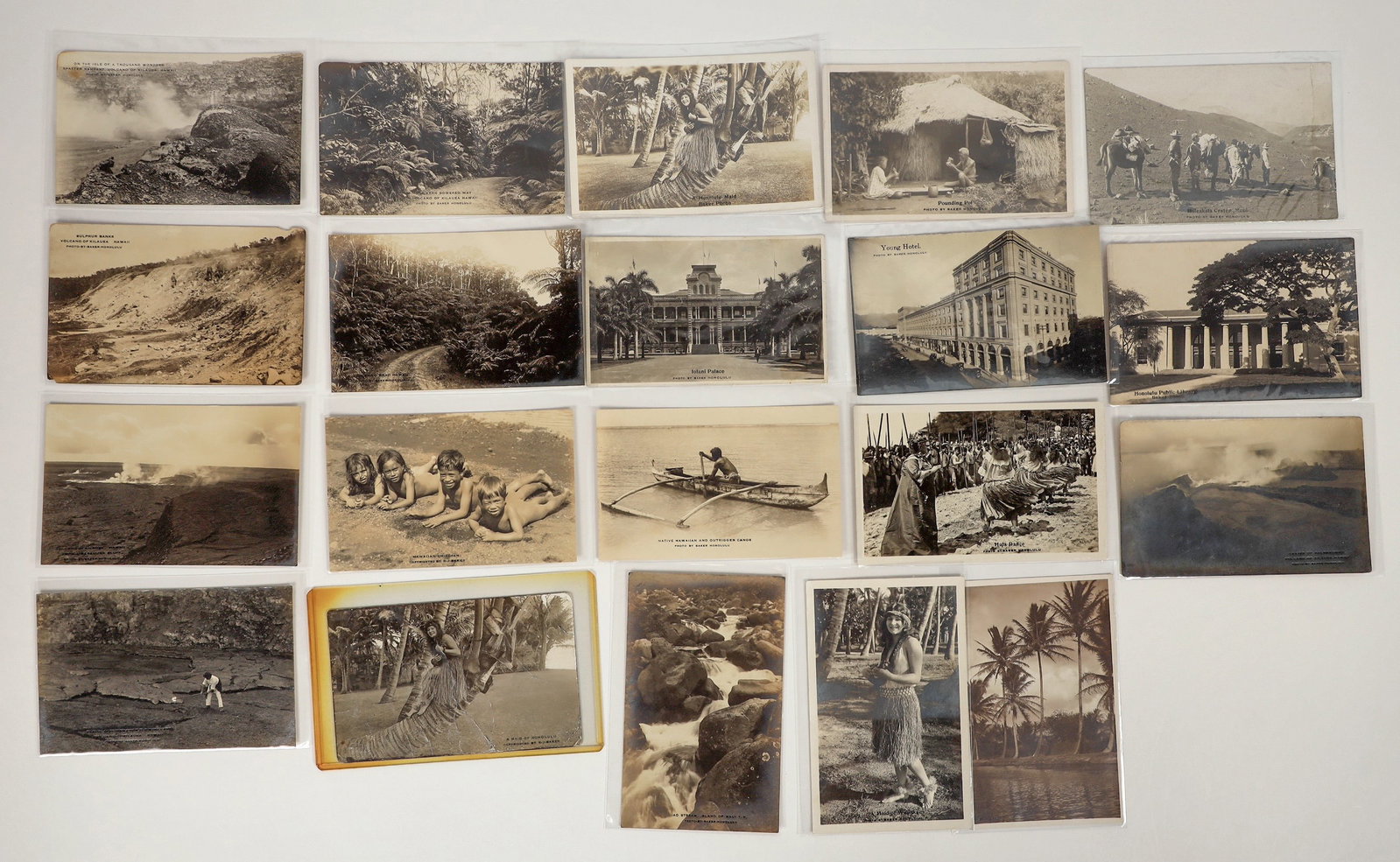 Hawaii Real Photo Postcards by Baker [202696]: Lot of 20, most different. Published by Baker, Honolulu. Includes two very rare cards of exploration parties at Sulphur Banks and Haleakala Crater. Other views include: Pounding Poi; Honolulu Maid; vo