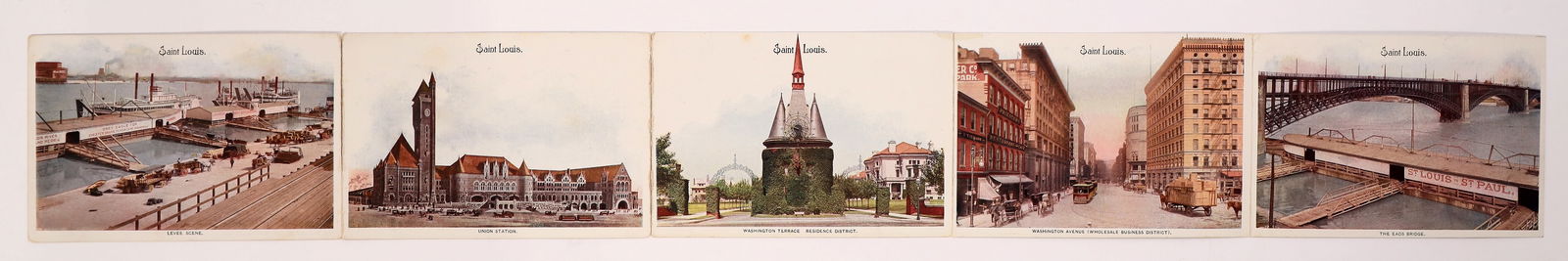 St. Louis Folding Postcard 1900s [186547]: Folding postcard featuring sites of St. Louis around 1900. Included is the levee, Union Station, Washington Terrace residential district, Washington Avenue and the Eads Bridge. It is postmarked and us
