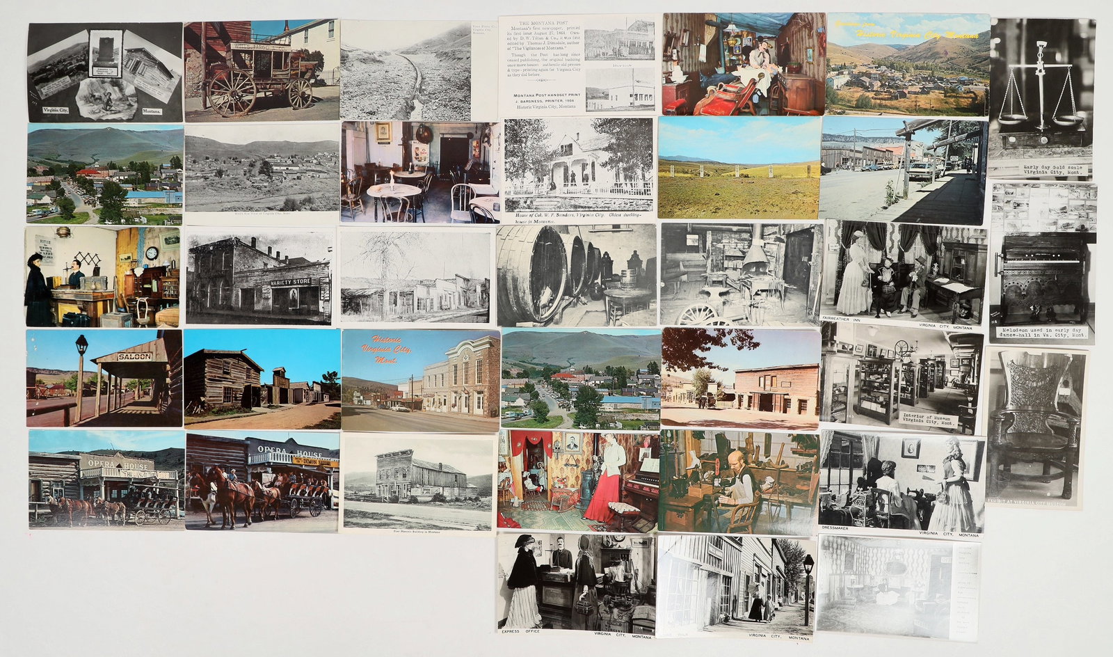 Virginia City, MT Postcard Group (36) [201453]: Group of 36 photographic postcards from Virginia City, Montana, a former gold mining boomtown and current county seat of Madison County. They date throughout the mid-1900s, all post-1935. 6 used. See 