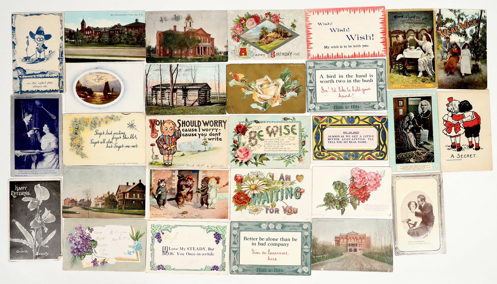 North Dakota Postcards w/ Rare Postmarks (28) [201150]: This is a lot of 28 postcards, some containing endearing messages, others containing popular places to visit in the U.S., and some with artistic designs. These postcards also have postmarks from diffe