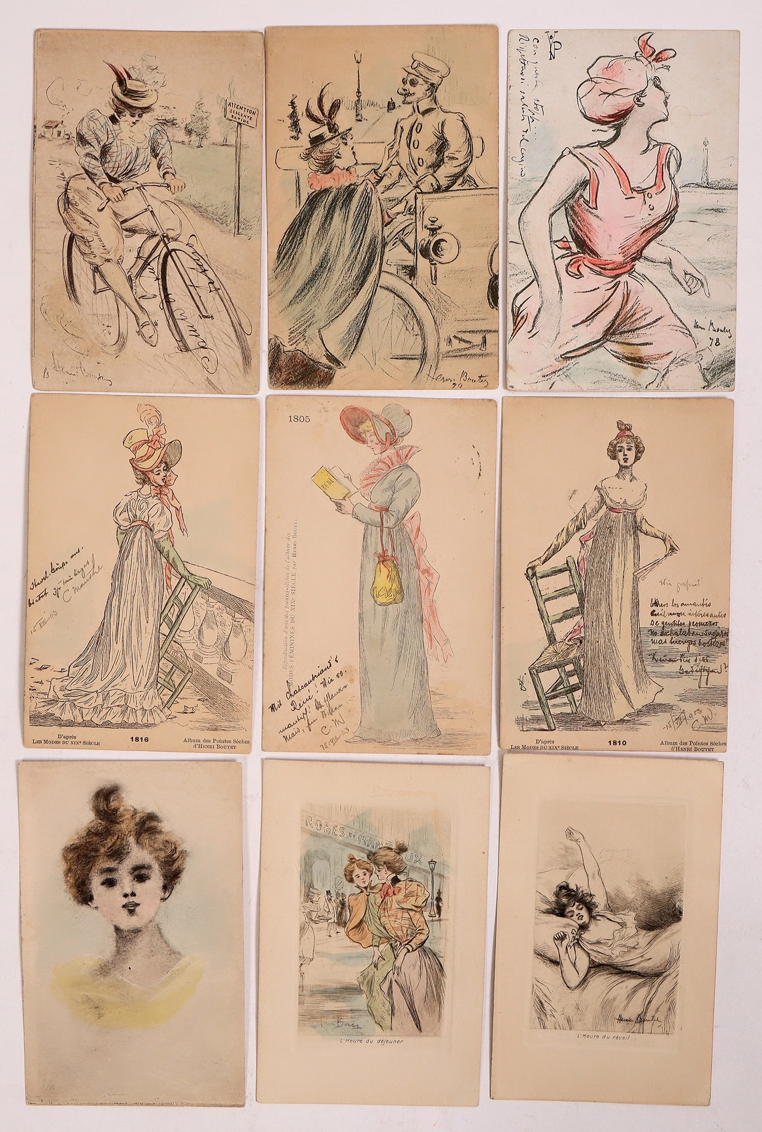 Art Nouveau - Boutet Postcards 1900 (9) [186481]: A collection of 9 different Art Nouveau postcards featuring illustrations by French illustrator and engraver Henri Boutet (1851-1919).^Date: anCountry (if not USA): State: City: Provenance: