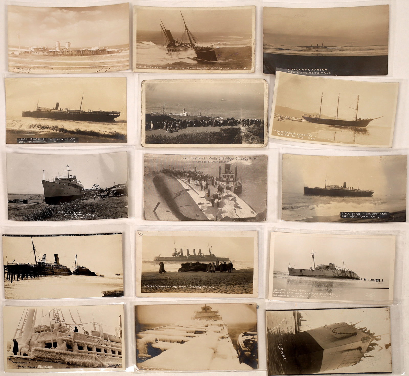 Ships Wrecked and Aground Postcards - 15 [199691]: B&W postcards including RPCs depicting ships wrecked and aground. A couple with ships rimed with ice.^Date: Country (if not USA): State: City: Provenance: