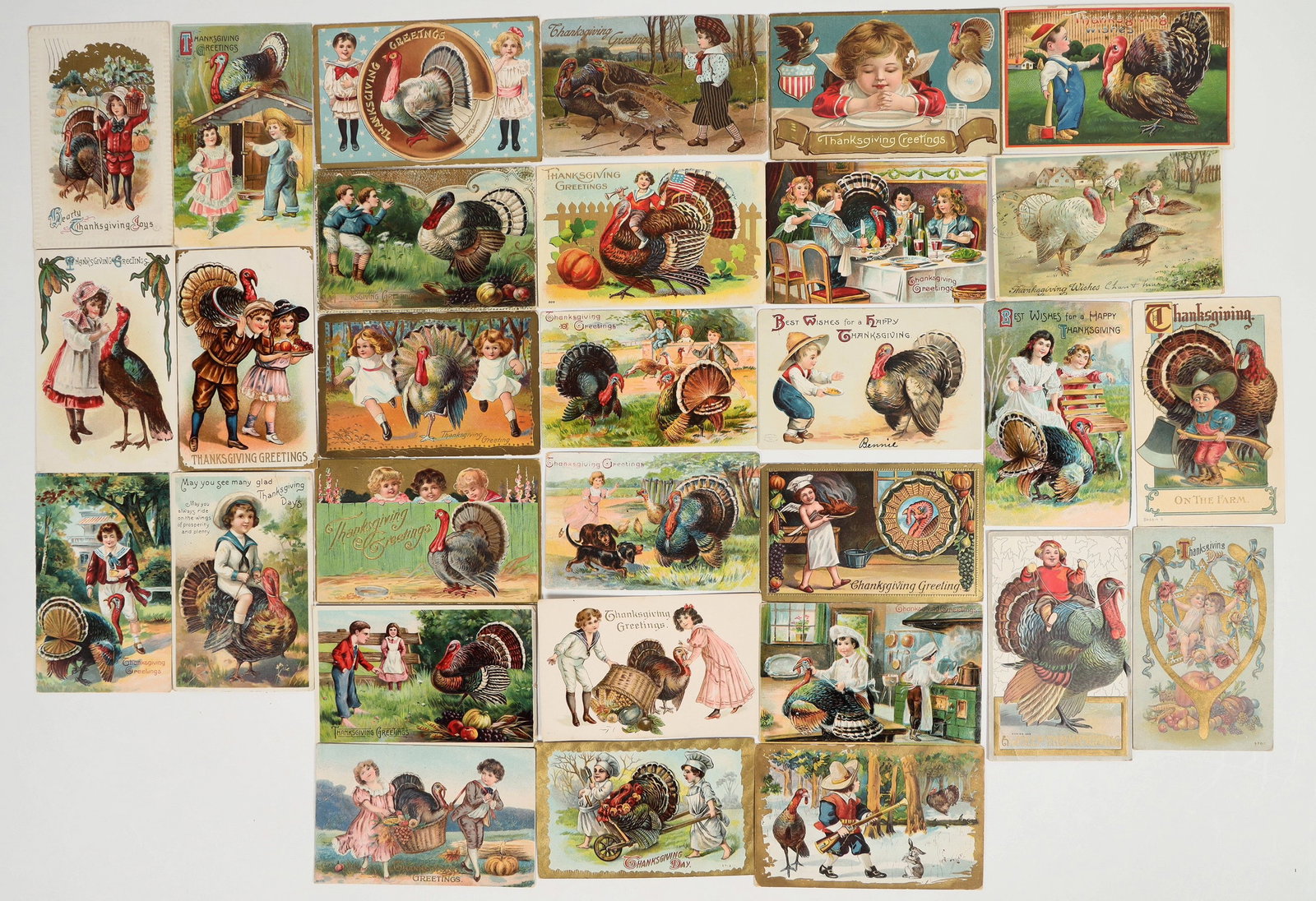 "Children at Play", Thanksgiving Day Postcards (30) [201850]: Thanksgiving vintage seasonal embossed postcards, no duplicates (group of 30). 1907-1918. Good condition, see photo. Measure 3.5x5.5".^Date: 1907-1918Country (if not USA): State: City: Provenance: