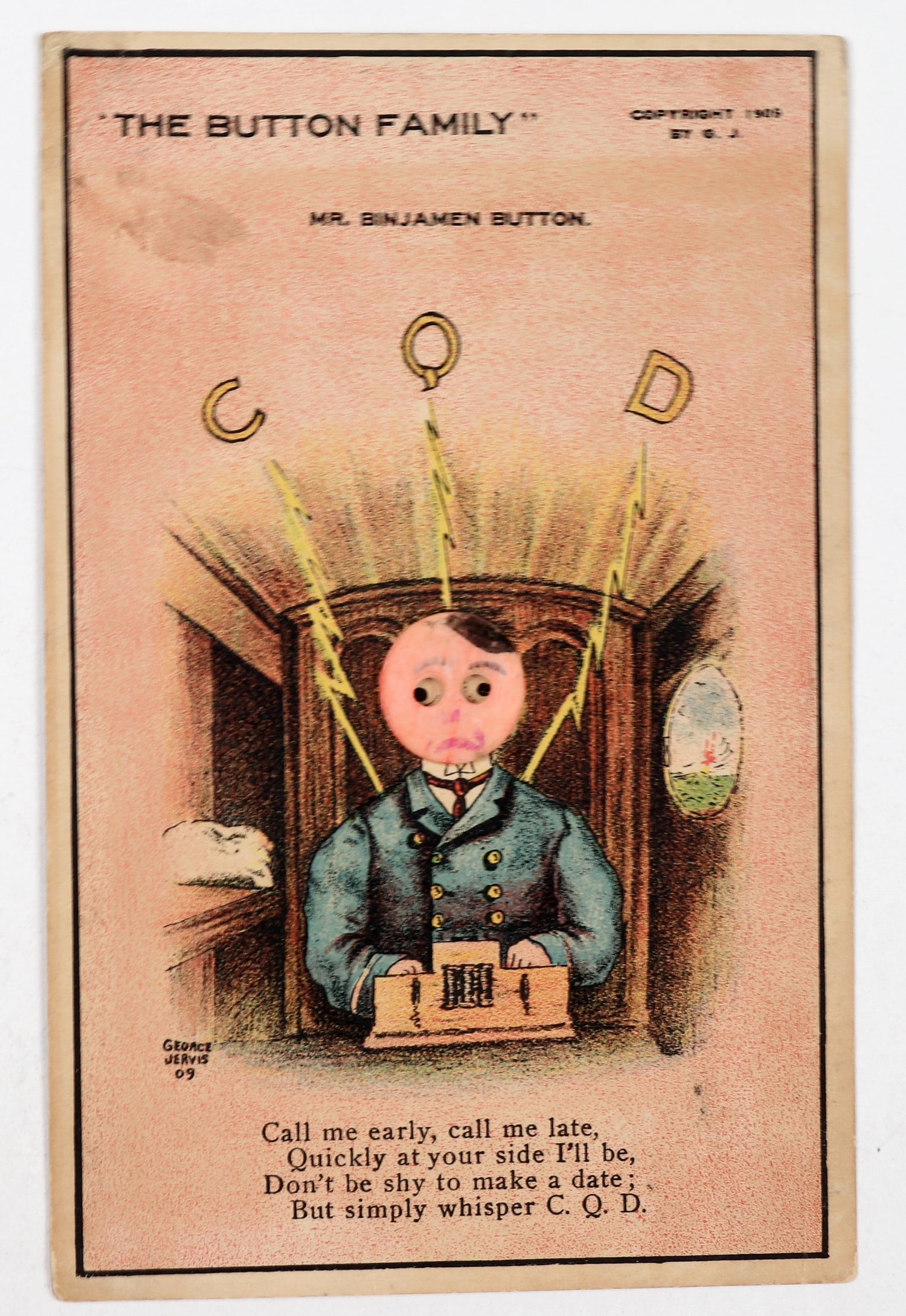 Button Face Postcard [186544]: RARE button face postcard, with the saying "Call me early, call me late. Quickly at your side I'll be. Don't be shy to make a date. But simply whisper C,Q,D "Card has been used. Please see photos for 
