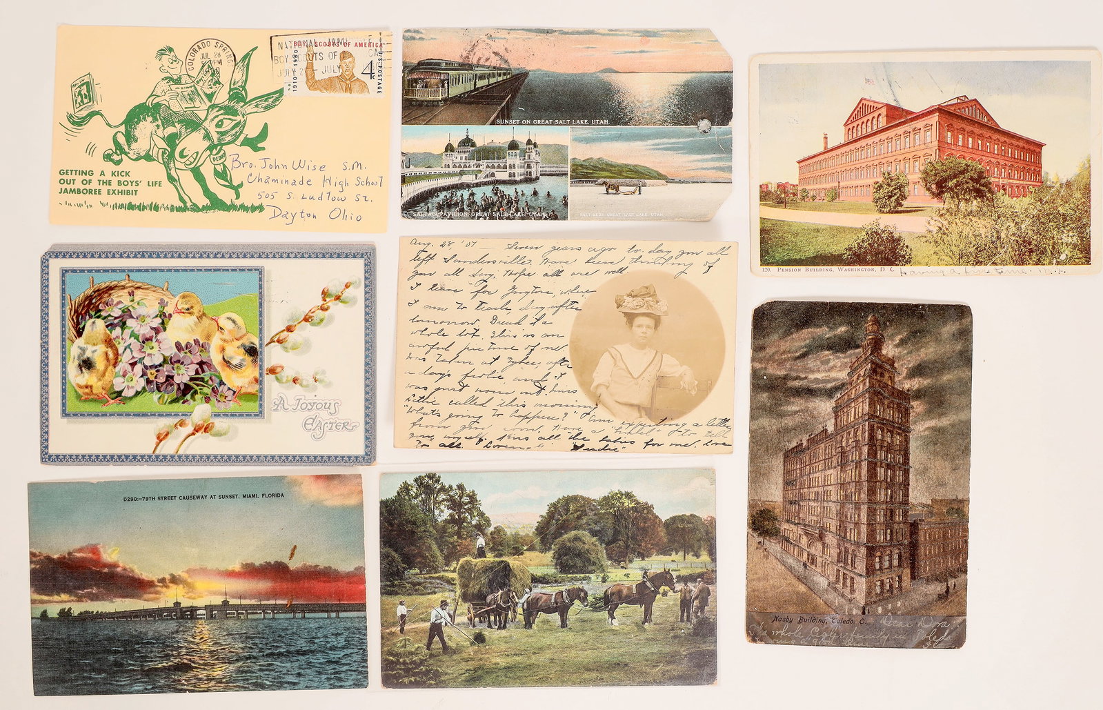 Philatelic Postcards 1905-60 (8) [184922]: A group of 8 postcards with unusual usage, cancels, etc. Postmarks are from 1905, '06 (2), '07, '12, '24, '43 and '60.^Date: Country (if not USA): State: City: Provenance: