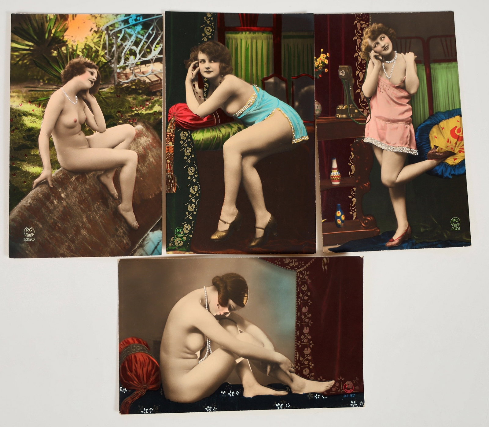 Pinup Real Photo Postcards of Bare-Breasted Women by P.C., Paris, Colorized (4) [202059]: Rare group of 4 different colorized nude pinup postcards by publisher P.C. of Paris. P.C., Paris is an abbreviation for Photo-Cine Paris. This postcard series was published from the 1910s to the 1930s
