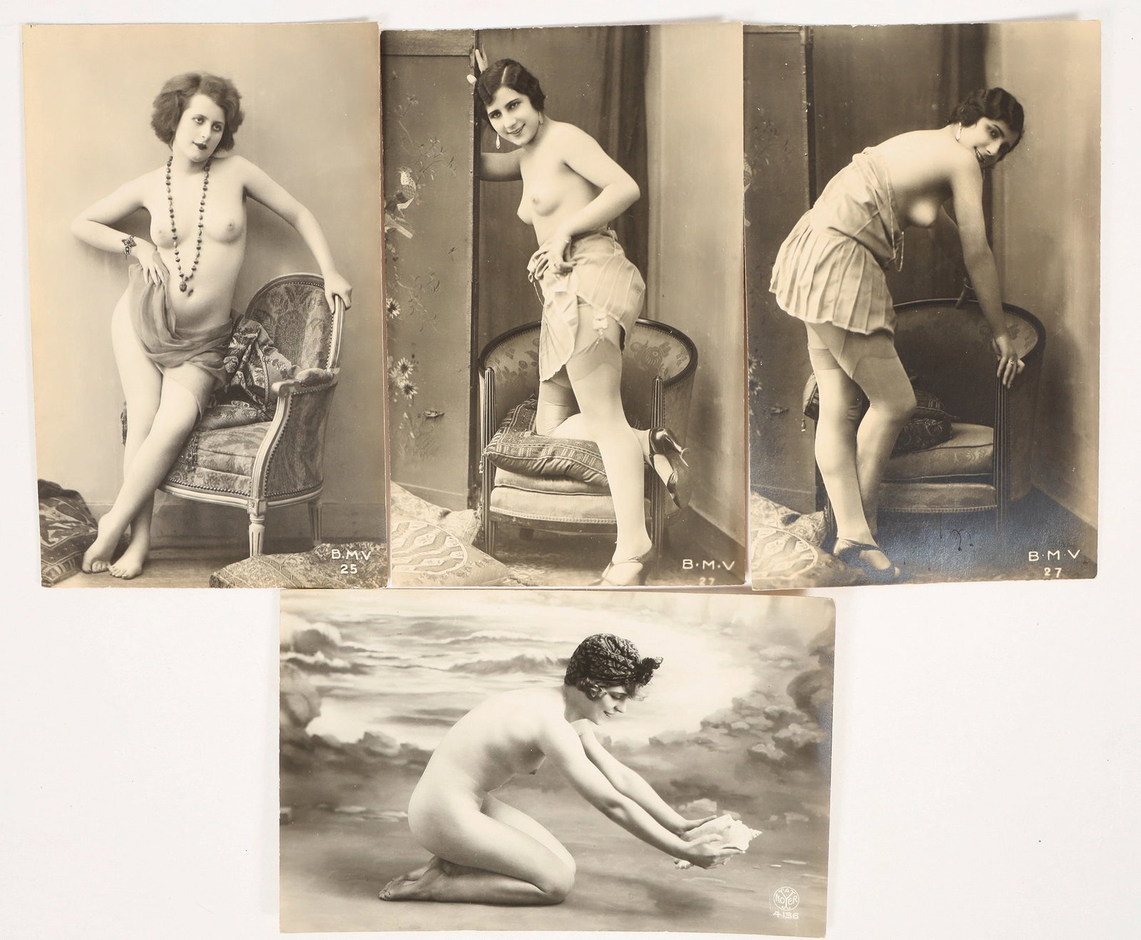 Pinup Real Photo Postcards w/ French Bare-Breasted Women (4) [202154]: Lot of 4 different RPPCs with bare-breasted French women. Three are publisher B.M.V. (Bertignault & Martin, Paris) and one is A. Noyer. All postally unused.^Date: Country (if not USA): State: City: Pr