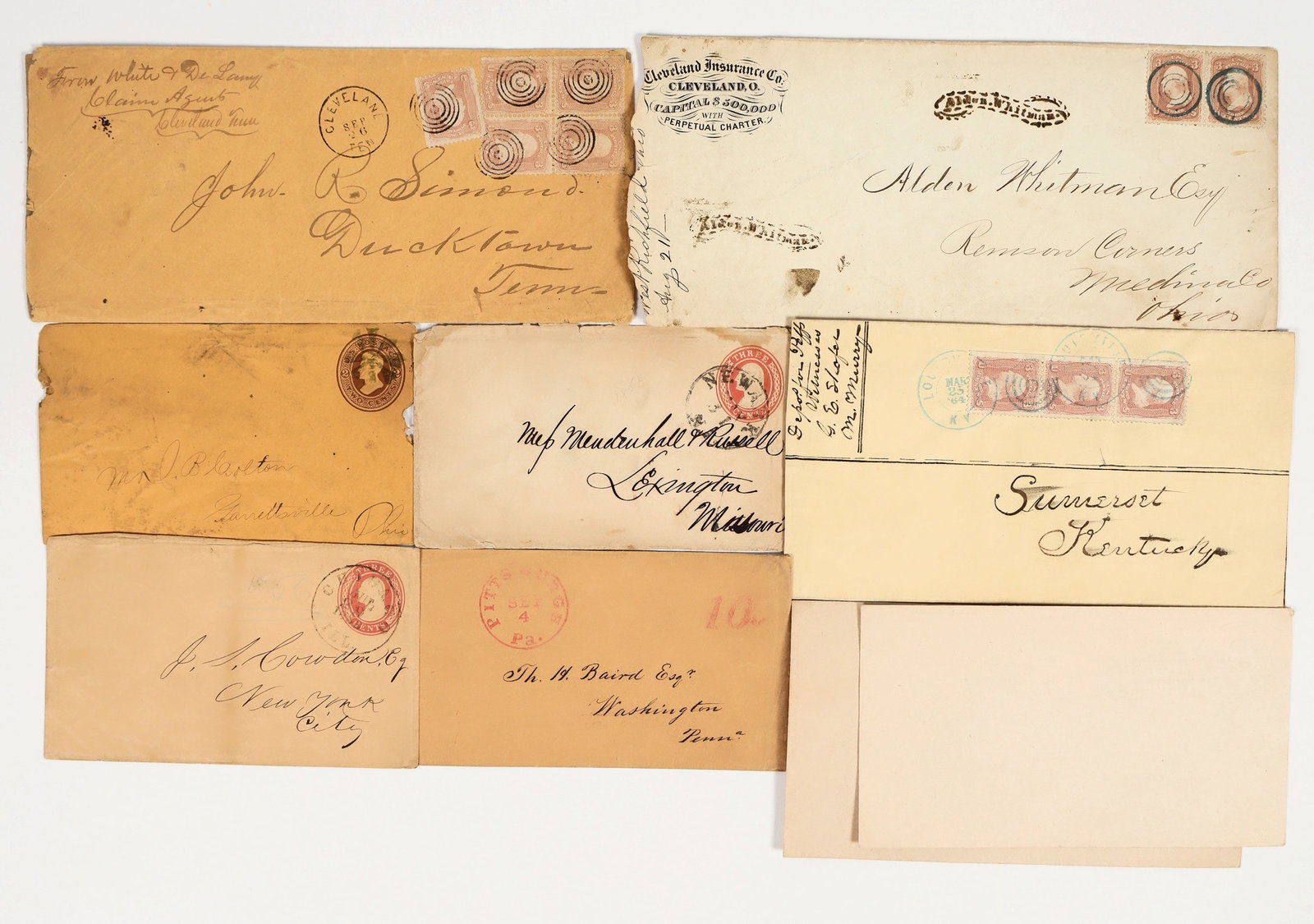1850s-60s Stamped Covers, Stampless, & Error [201918]: Lot of 9. Includes: two covers with printed 3 cent stamps; one with 2 cent; one stampless; two error covers (stamp not inked); cover with three Scott 65; corner ad cover with two Scott 65; and cover w