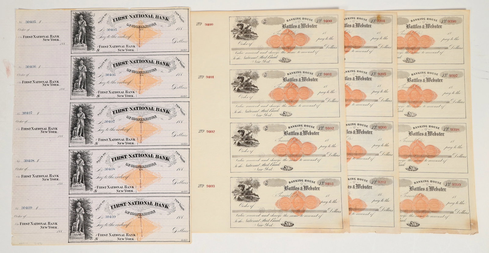 Four Uncut Sheets of Checks with Imprinted Revenues [201558]: Lot of 4. 1-3) Three sheets of 4 checks each from the Banking House of Battles & Webster, Girard, Pennsylvania, 1800s. All with RN-D. All with vignette of explorer. 4) Sheet of 5 checks from the First