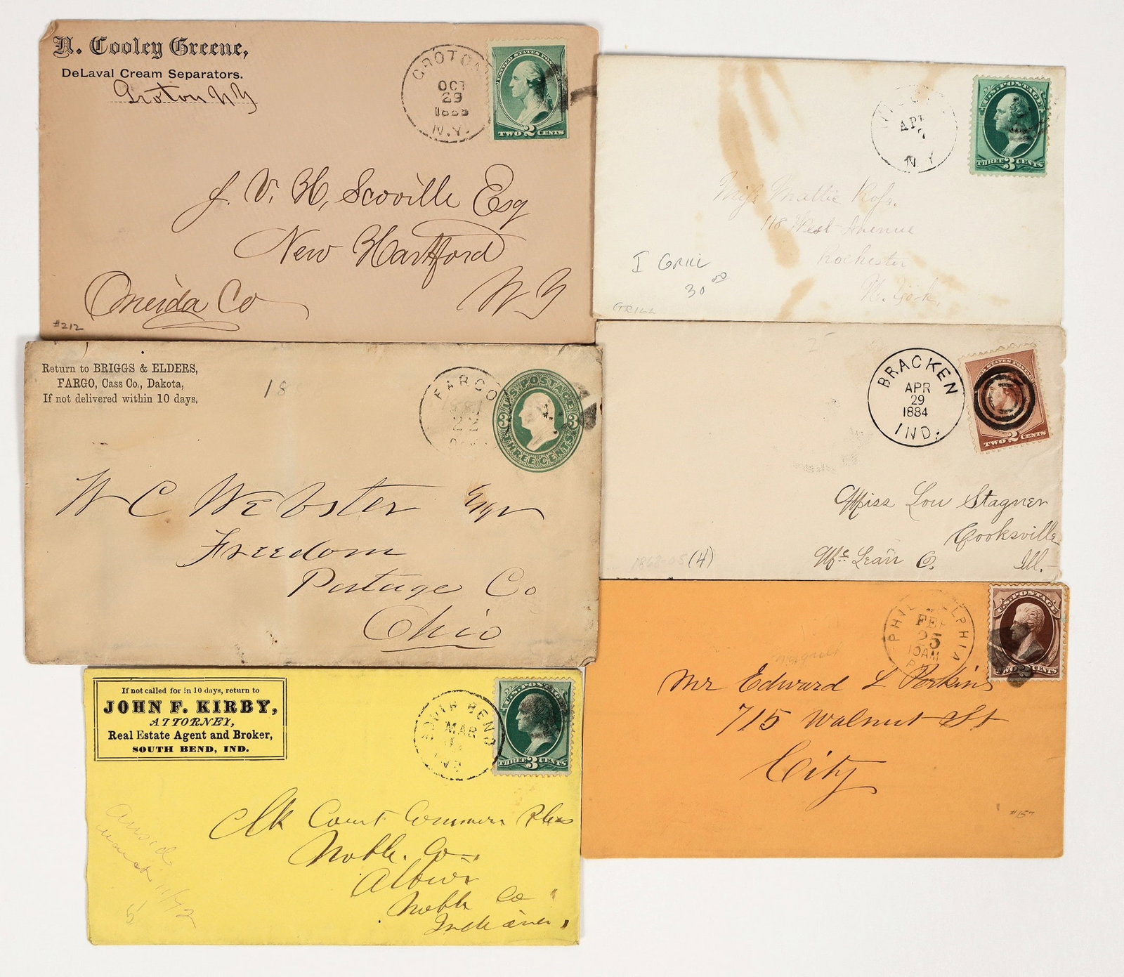 1875-on Stamps on Covers (6) [201917]: Lot of 6 with 1875-on stamps. Three are corner ad covers (Indiana, Fargo, South Dakota, DelAval Cream Separator). Please see photo for specifics.^Date: Country (if not USA): State: City: Provenance: