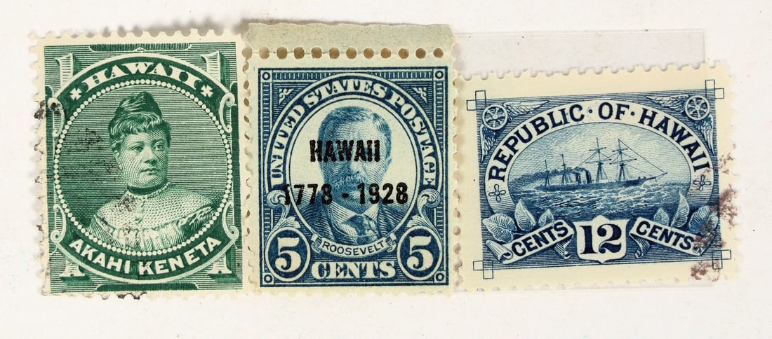 Hawaiian And Confederate Stamps. [202416]: Lot of 4. Three Hawaiian: Republic Of Hawaii 12c, Hawaii Akahi Keneta, Roosevelt 5c stamped Hawaii 1778-1928. One Confederate States of America 10c. All in very good condition.^Date: Country (if not U