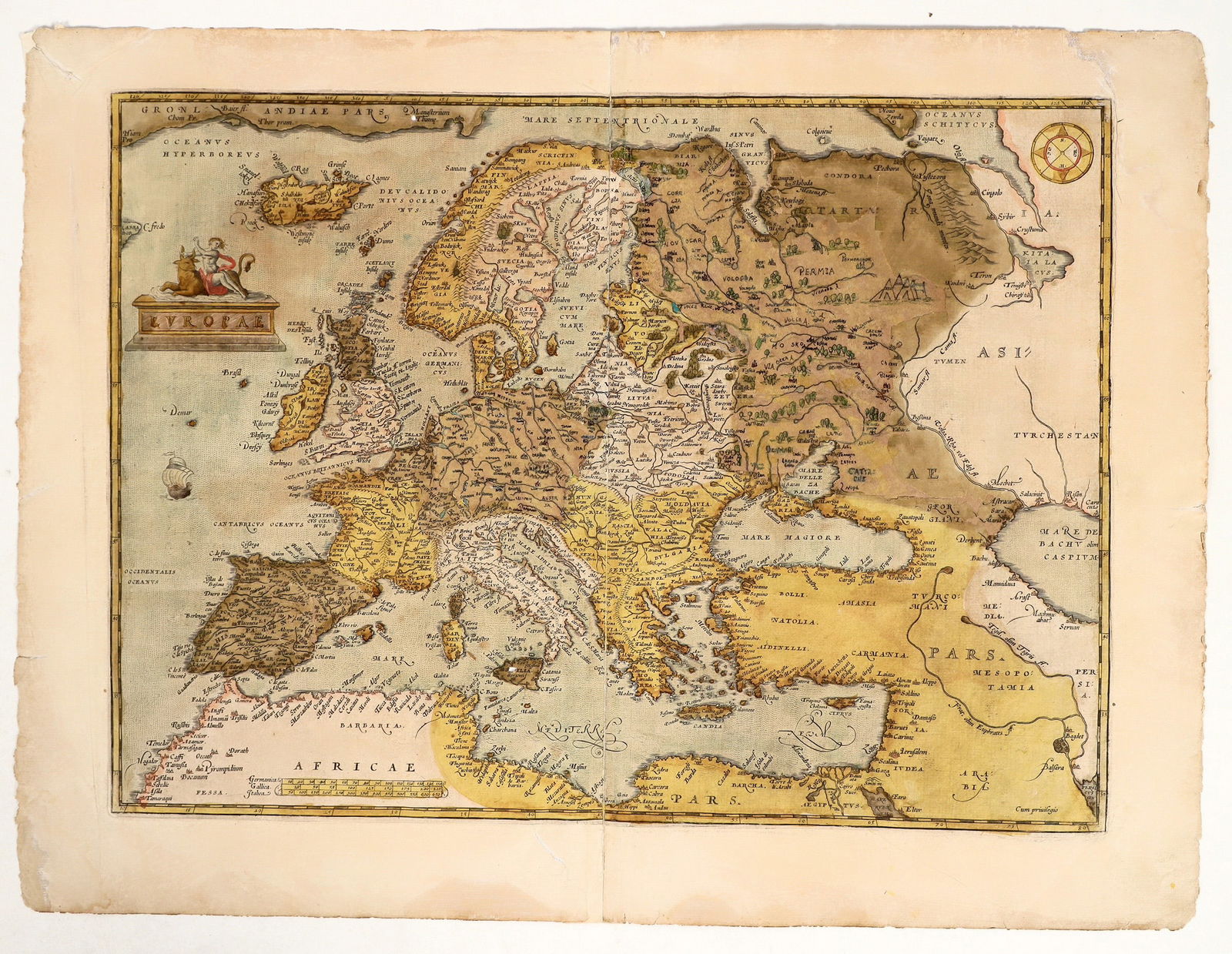 Vintage Map of Europe [199920]: Map of Europe 1584, copper engraved and hand colored. 14 x 18 ". Story on back "Europe". Major repair on back. The acid in the brown ate the paper away, restored pieces in place.^Date: 1584Country (if