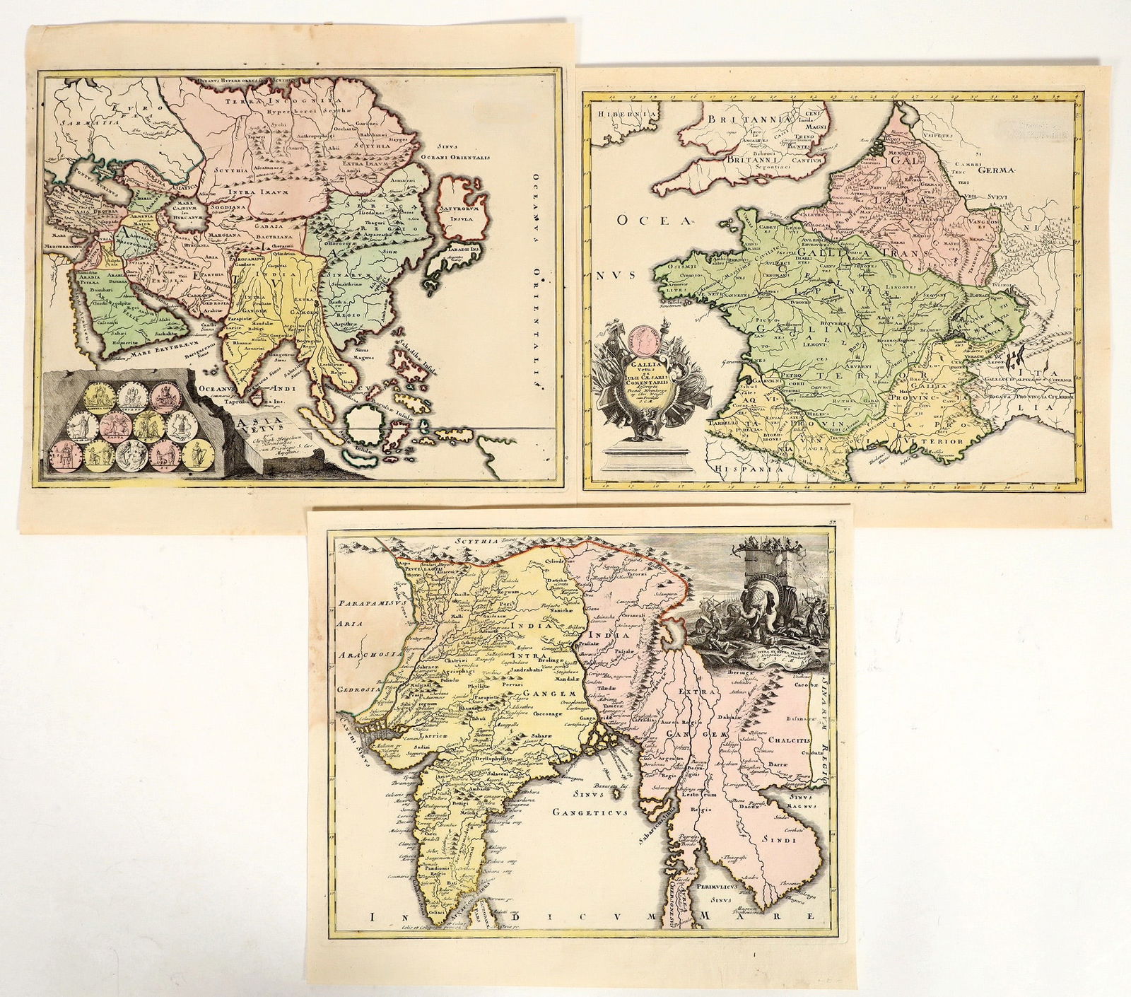 Copper Engraving Hand Colored Maps France, Asia and India [158240]: Lot of 3. Maps are all hand colored.1. Map of France, cartography, 1719, this map would have been around the rule of Julius Caesar. 2. Antique Asia, 1719. Lower left decorated with 12 historical coins