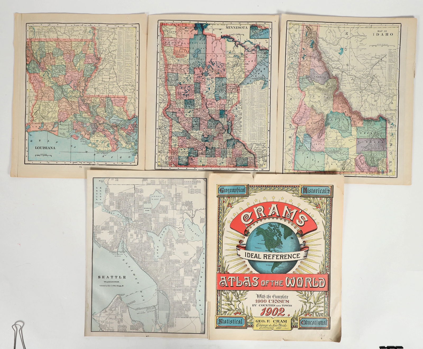 Western U.S. Maps, 1902 [201450]: Group of maps picturing the U.S.A. with a focus on Western states from 'Cram's Ideal Reference: Atlas of the World' by George F. Cram, published 1902. Includes maps of whole states as well as maps of