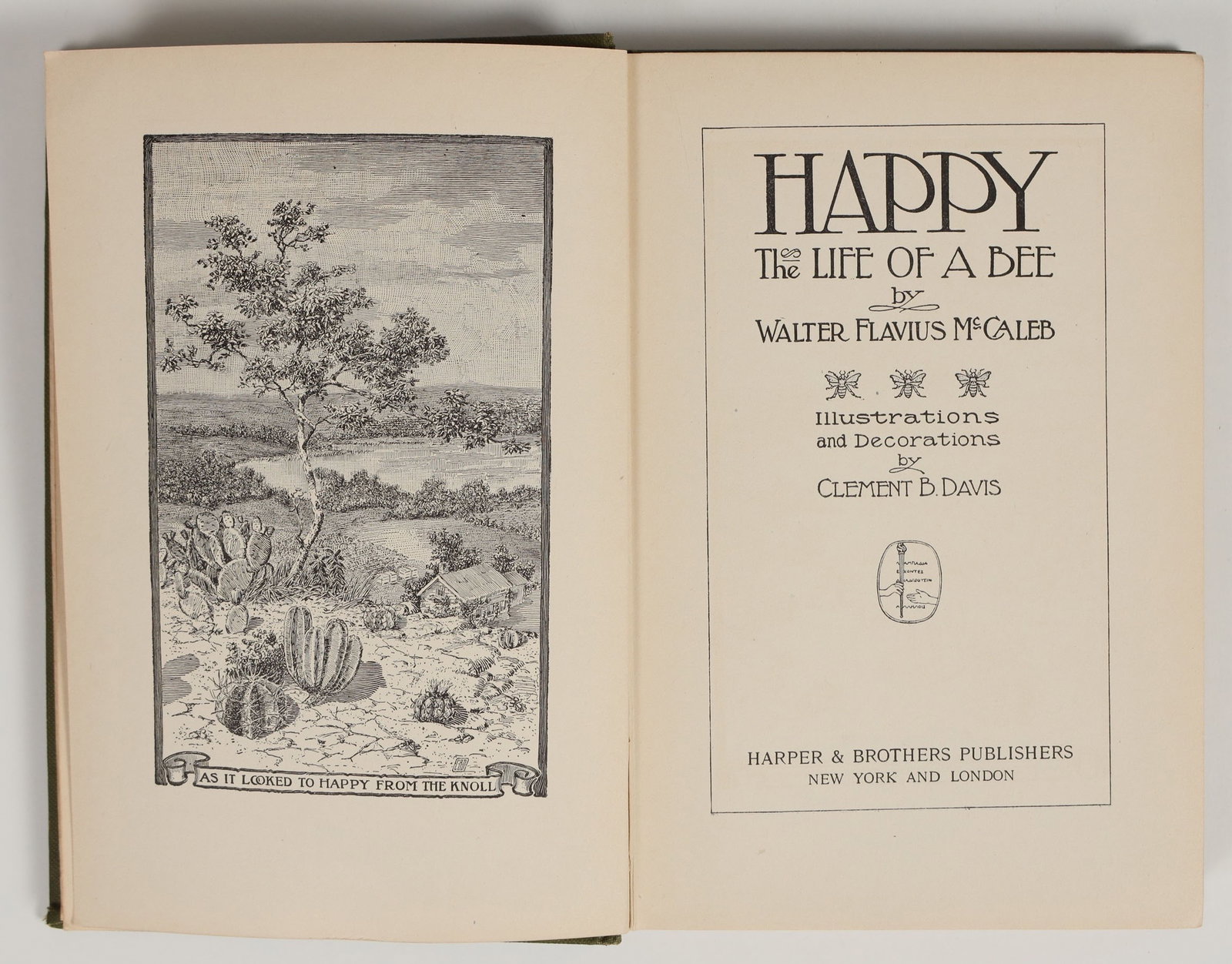 'Happy: The Life of a Bee', 1917 Illustrated Novel [198590]: A first edition copy of "Happy: The Life of a Bee" by Walter F. McCaleb, a fantastical novel told from the point of view of a bee. Published 1917 by Harper & Brothers. Illustrated throughout with exce