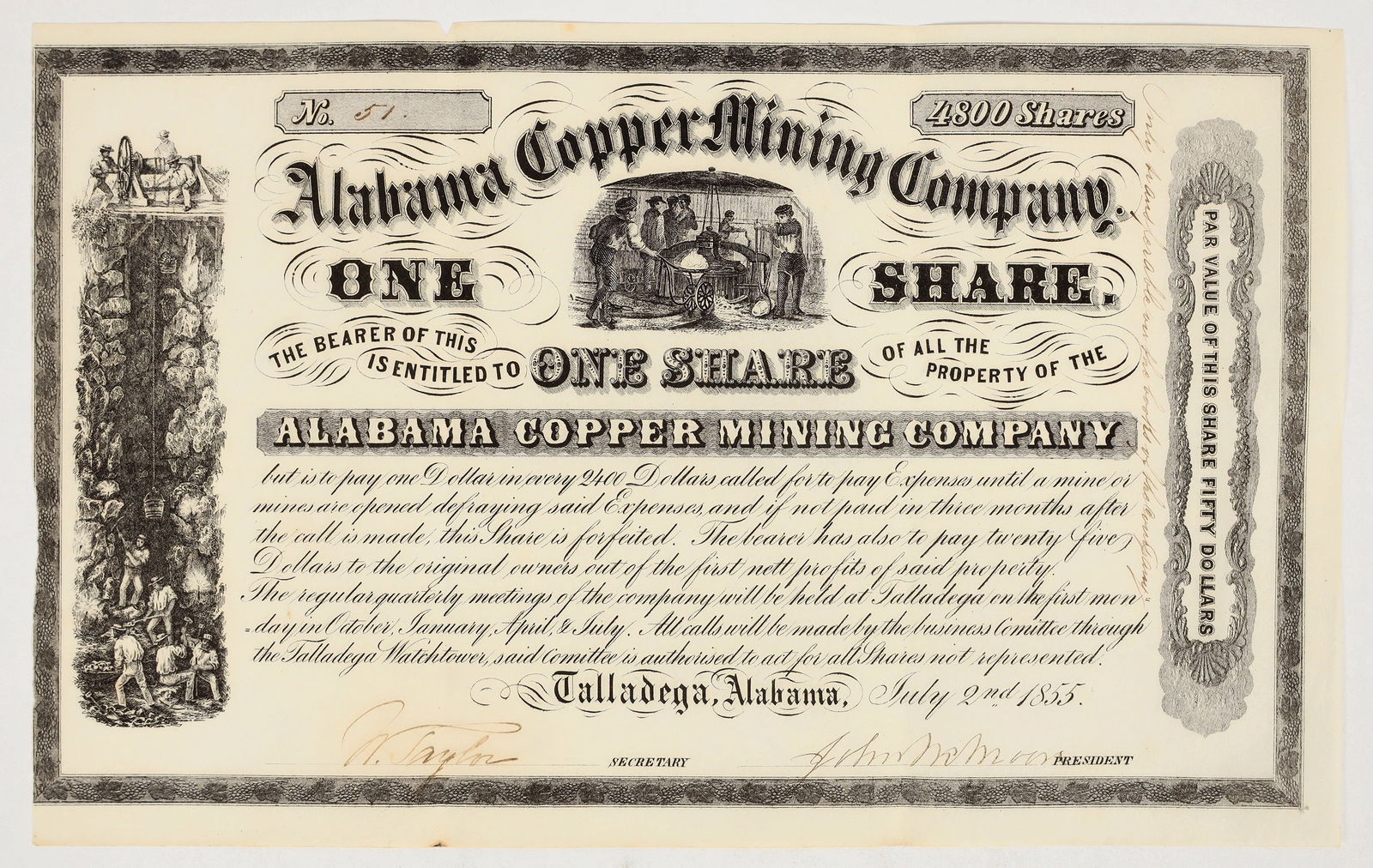 Alabama Copper Mining Company Stock Certificate, 1855 [201541]