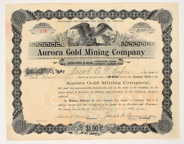 Aurora Gold Mining Company Stock Certificate, Alaska, 1900 [204159]