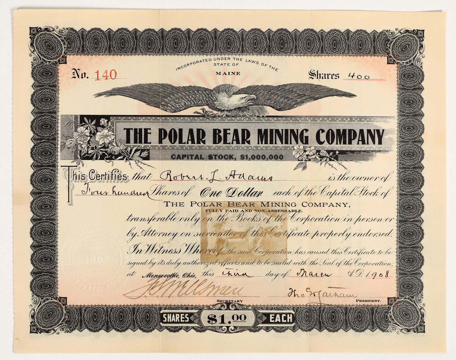 Polar Bear Mining Company Stock Certificate, 1908 [204772]: Fantastic! Inc. in Maine. No. 140, issued for 400 shares to Robert Adams in 1908. Signed by president Thomas Latham and the secretary. Not cancelled. Black border and print, with gold polar bear under