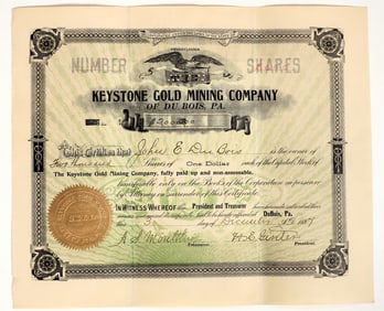 Keystone Gold Mining Company Stock Certificate, Klondike Gold Rush, 1897 [204623]