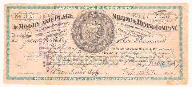 Moody & Place Milling & Mining Co. Stock Certificate, Bradshaw, Arizona, 1887 [204910]