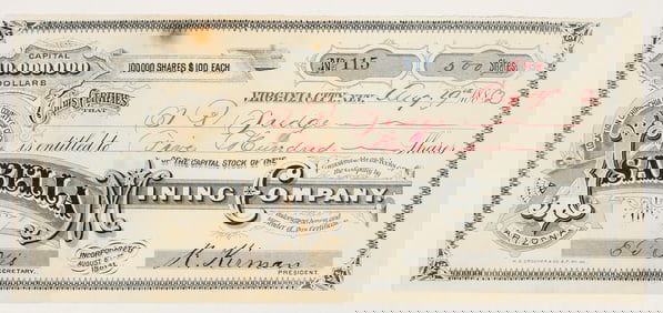 Isabella Mining Company Stock Certificate, Cochise County, Arizona, 1882 [205001]