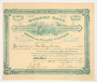 Golden Gate Mining & Milling Co. Stock Certificate, Arizona, 1887 [205211]