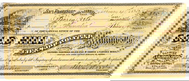 Gold Hill Consolidated Mining Co. Stock Certificate, Cave Creek, Arizona, 1880 [195892]