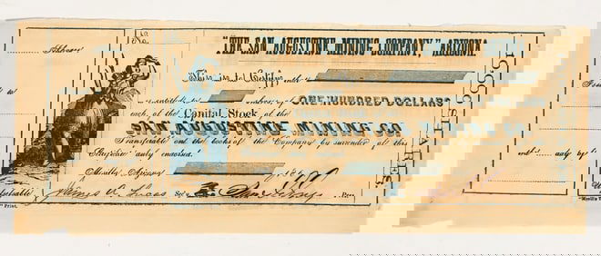 San Augustine Mining Company Stock Certificate--Under Confederate Control [204181]