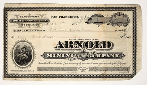 Arnold Gold & Silver Mining Company Stock Certificate, 1877 [204140]