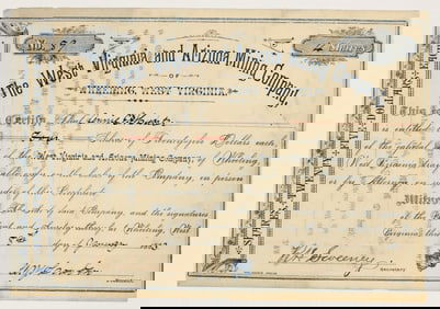 West Virginia & Arizona Mining Company Stock Certificate, 1883 [205009]