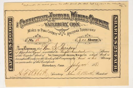 Connecticut-Arizona Mining Company Stock Certificate, 1880 [203926]