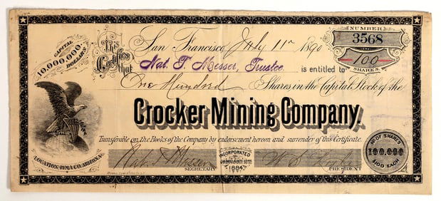 Crocker Mining Company Stock Certificate, Pima County, AZ, 1890 [204770]