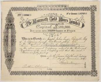 Mammoth Gold Mines Ltd Stock Certificate, Arizona, 1891 [205214]