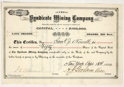 Syndicate Mining Company Stock Certificate, Tombstone, Arizona, 1880 [195911]