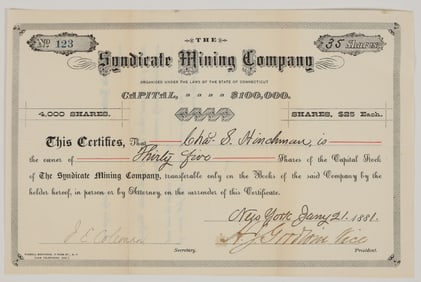 Syndicate Mining Company Stock Certificate, Tombstone, AZ, 1881 [205028]