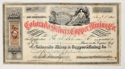 Colorado Silver & Copper Mining Company Stock Certificate, 1864 [201535]
