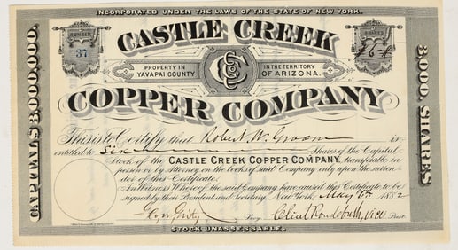 Castle Creek Copper Company Stock Certificate, Arizona, 1882 [195915]