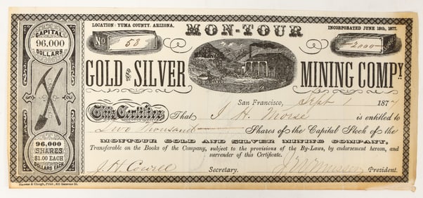 Montour Gold & Silver Mining Company Stock, Yuma County, Arizona, 1877 [197934]
