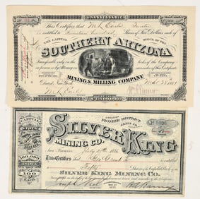 Two Different 1880s Arizona Mining Stock Certificates: Pima & Pinal Counties [204514]